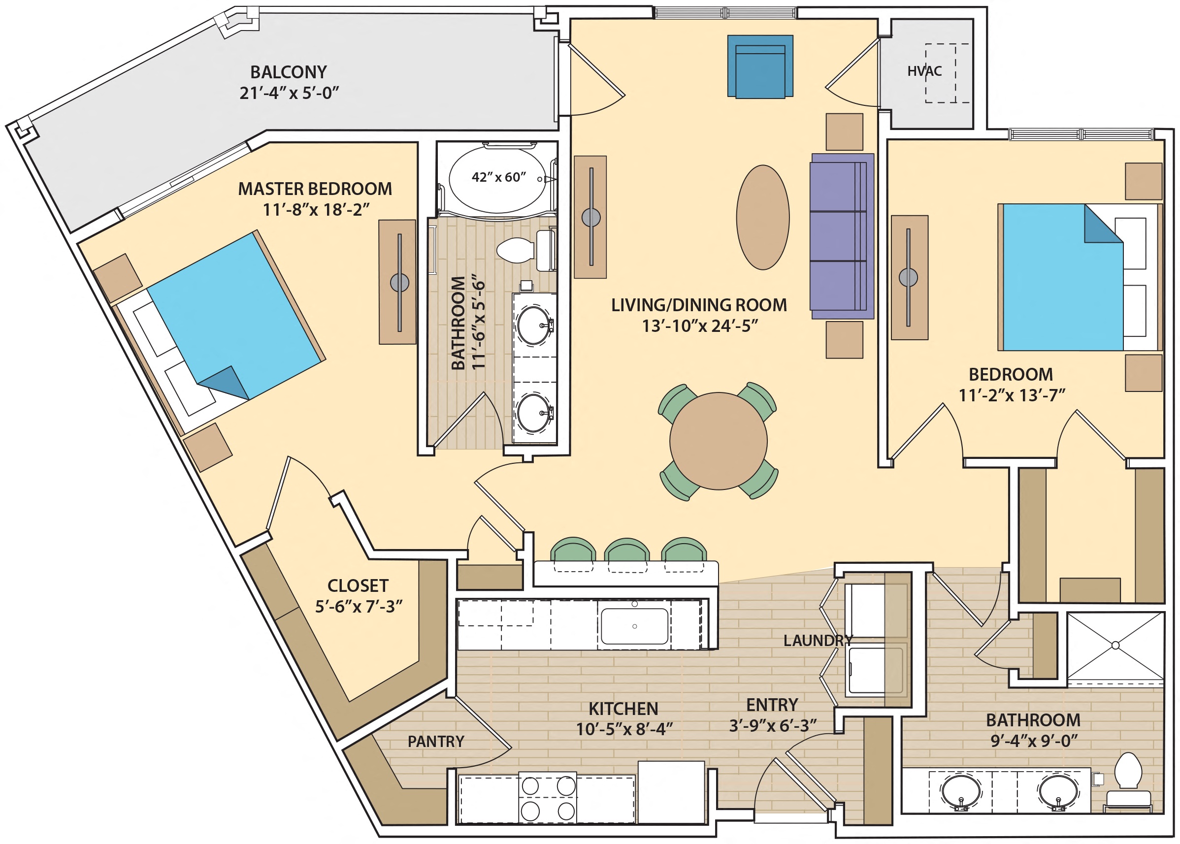 Floor plan for 2 beds, 2 baths, 1354 sqft